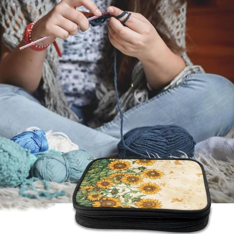 Vanideaoty Store Sunflower Crochet Hook Case Portable Knitting Needle Storage with Web Pockets Crochet Storage Organizer for Swing Hooks, Lighted Hooks, Needles and Accessories - Image 2